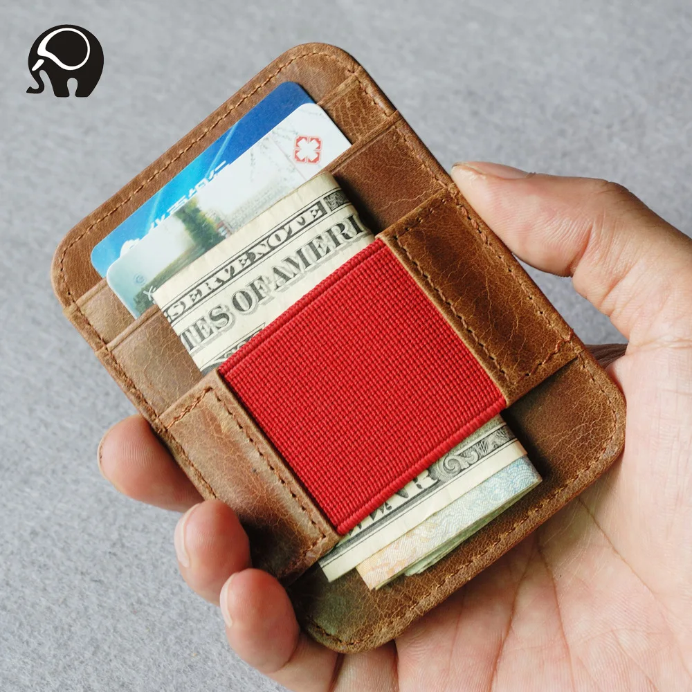 Vintage Genuine Leather Credit Card Holder Men Women Elastic Clip Wallet for Money Badge ID Card Case Slim Bus Cardholder