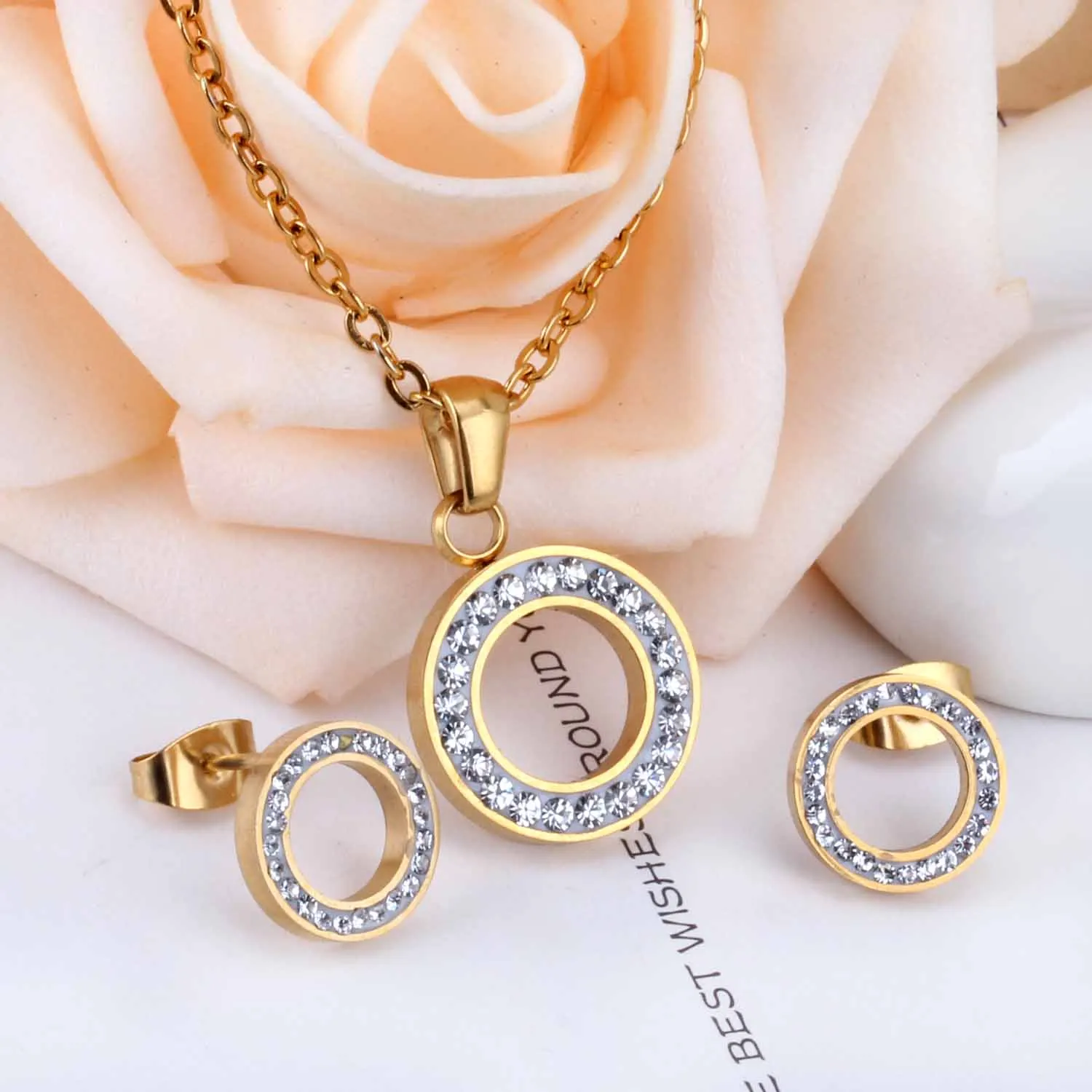 LUXUSTEEL set stainless steel Hollow Out Round Cubic Zirconia Pendant Necklace Earrings Brinco Female Bijoux Party Wholesale