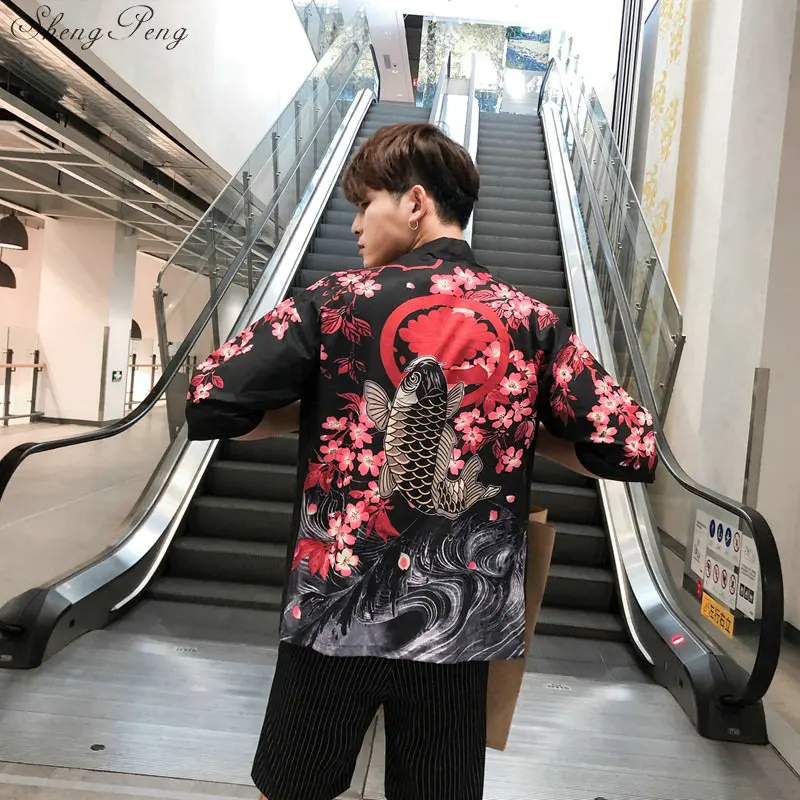 Japanese kimono men cardigan shirt blouse yukata men haori obi clothes samurai clothing male kimono cardigan Q640