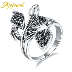 Ajojewel Size 7-9 Vintage Style Rose Bud Ring Flower Elegant Black Rhinestone Leaf Anel Party Gift