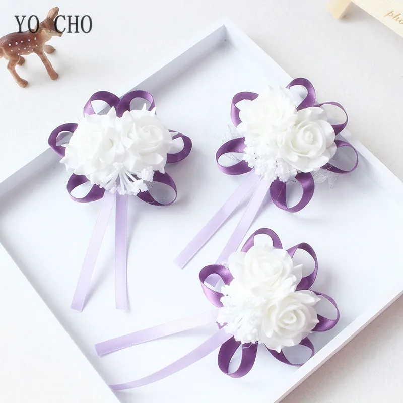 YO CHO Handmade Foam White Rose Wrist Flowers for Bridesmaid Wrist Corsage Bracelet Band Wedding Accessories Bridal Wrist Flower