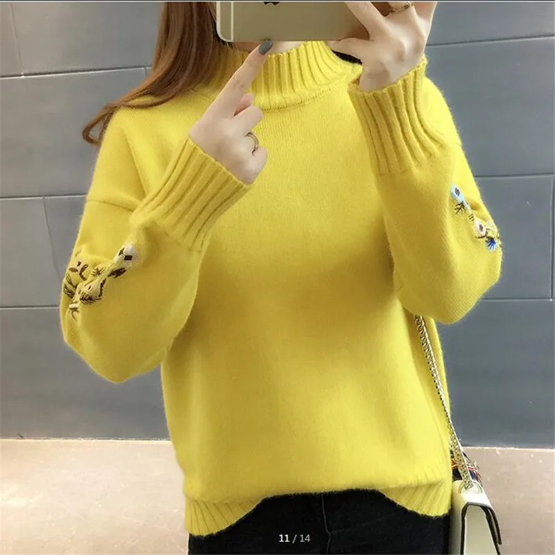 UHYTGF Fashion Women Sweaters 2023 Autumn Winter Sweater Woman Pullovers Flower Embroidered Turtleneck Knitt Sweater Long sleeve