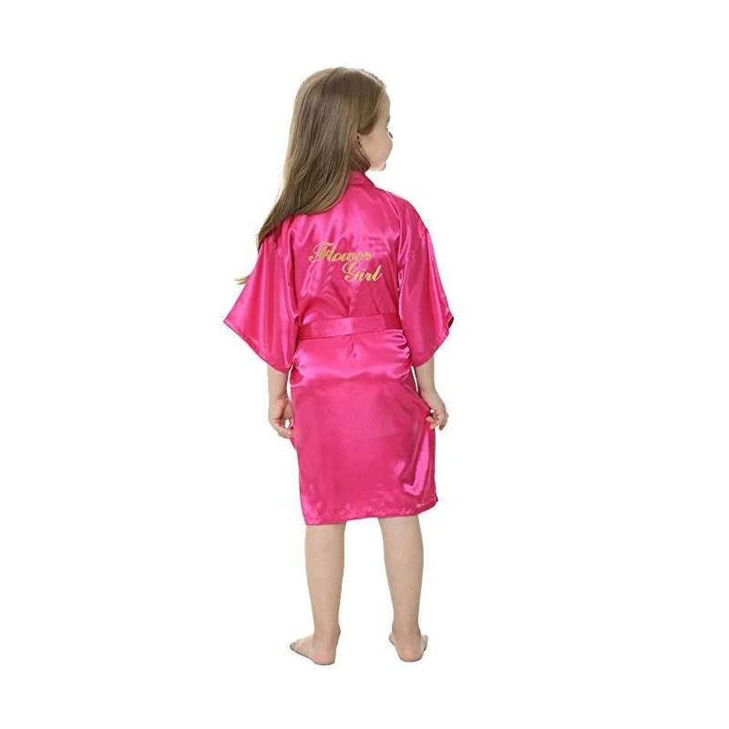 Kids Satin Silk Kimono Robe Wedding Party Getting Ready Robe With Gold Glitter Flower Girl Wedding Robe Solid Baby Robe Gown