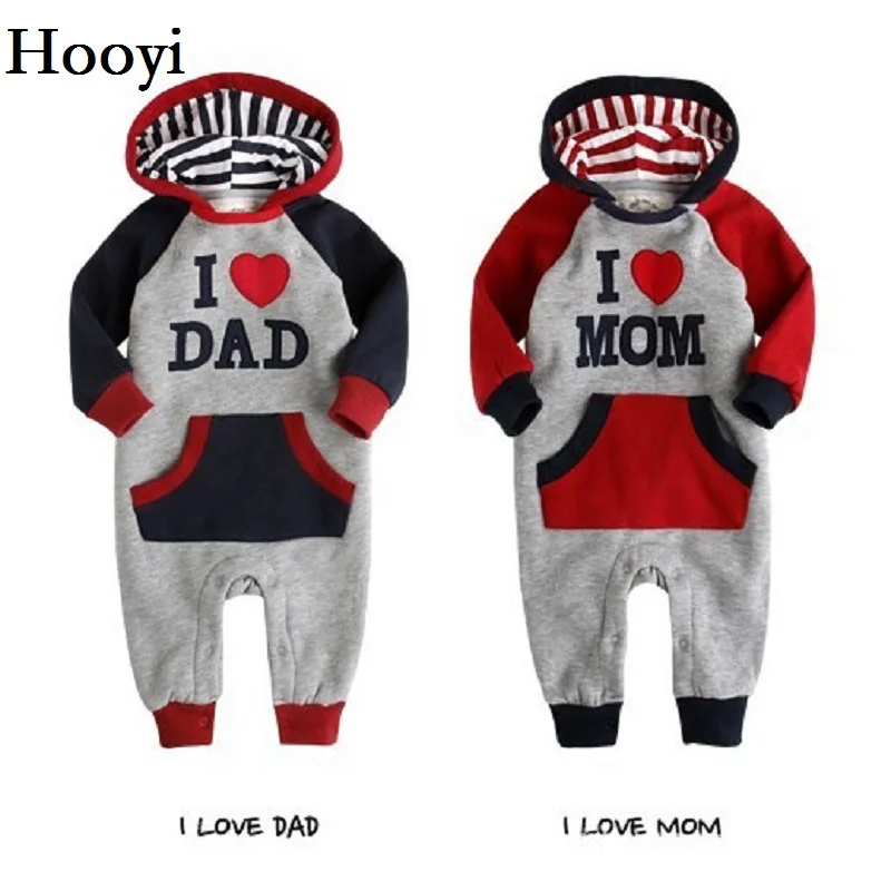 Autumn Baby Boys Long Rompers Bebe Girls Hooded Jackets Shirts I Love Dad Mom Outfits Overall Toddler Romper Jumpsuits