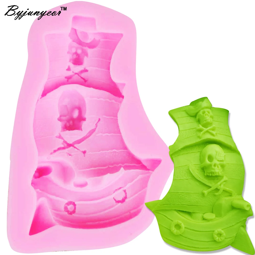 Epoxy UV Resin F1169  Pirate Ship Skull Skeleton Silicone Mold Cake Decoration Fondant Cake 3D Mold Food Grade Silicone Mould