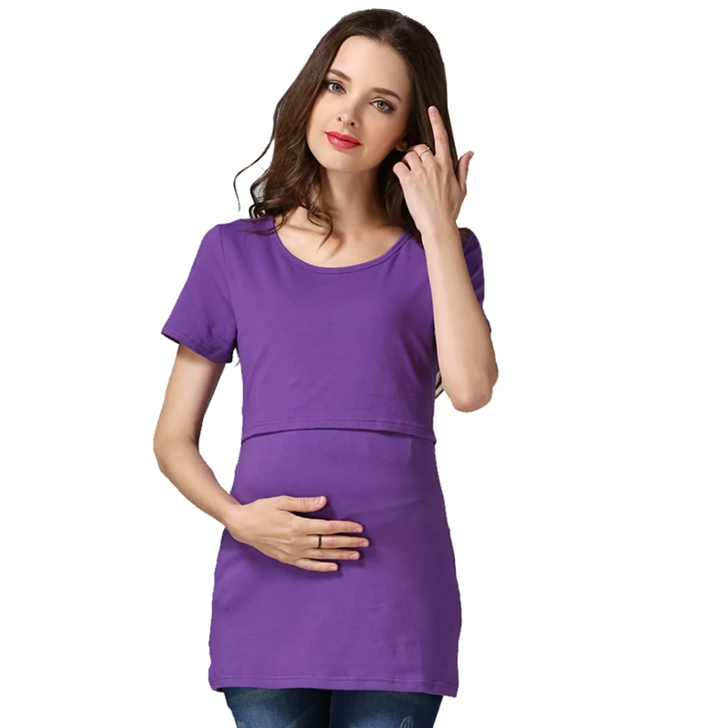 Mommy Nursing Dress Maternity Tops Breastfeeding Clothes Short Sleeve Cotton Blend Nursing Shirt Lactation Blouse Big Size S-XXL