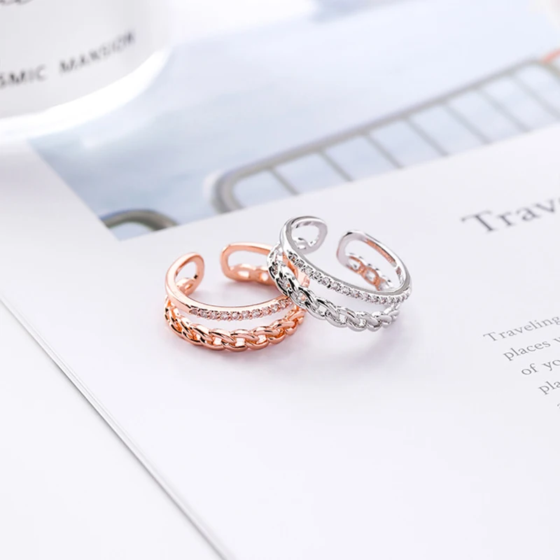 BRAVEKISS 2 Colors Adjustable Open Double Layer Ring Twist Chain CZ Finger Rings for Women Engagement Jewelry Accessories PR0208