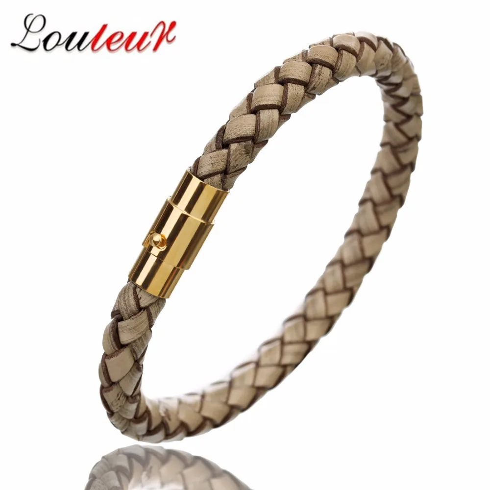 New Handmade Gold Color Vintage Men Leather Bracelets Stainless Steel Magnetic Clasp Braided Black Brown Male Bangles