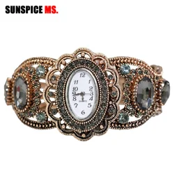 SUNSPICE-MS Quartz Wristwatch Retro Vintage Bangle Cuff Watch Women Antique Gold Color Hollow Flower Indian Jewelry Gray Crystal