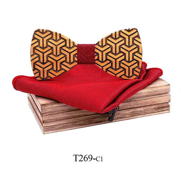 Wooden bow tie bowtie for men wood tie handkerchief cufflinks lapel flower brooch With box necktie Set Geometric