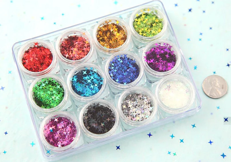 

12 Jars Iridescent 4 Point Star Shape Glitter, 4-Pointed Star Glitter, Clear Artic White Iridescent Shift 4 Point Star Glitter