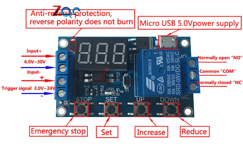 WS16 DC 6-30V Support Micro USB 5V LED Display Automation Cycle Delay Timer Control Off Switch Delay Time Relay 6V 9V 12V 24V