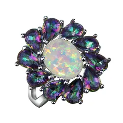 JLR-1074   Luxury Floral Rainbow Rainbow Stone & White Opal Rings For Women Fashion Jewelry