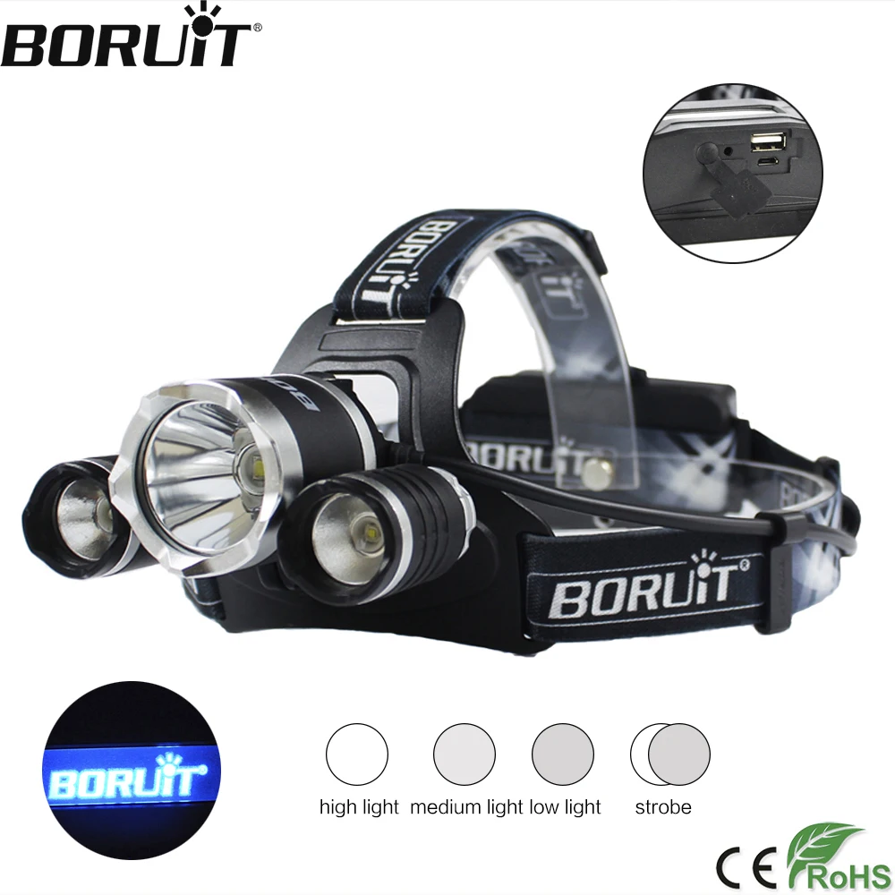 BORUiT-faro delantero LED B21 de 3000LM, 4 modos, potente, recargable, Banco de energía 18650, resistente al agua, linterna de cabeza para acampar