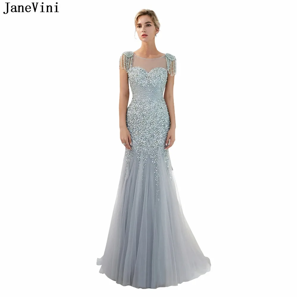 

JaneVini Luxury Crystals Arabic Mother of The Bride Dresses Scoop Neck Beading Sheer Back Dubai Mermaid Sexy Evening Party Gowns