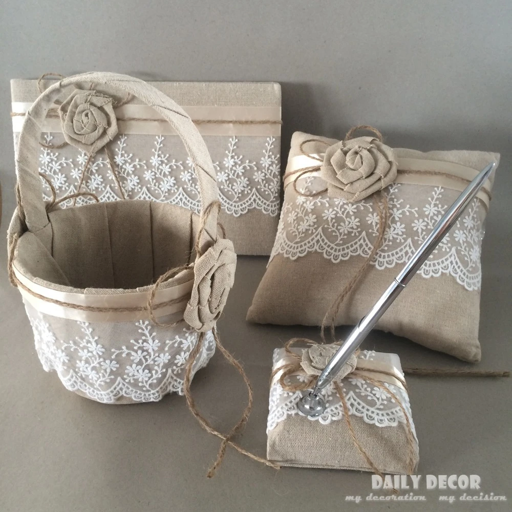 4Pcs/set ! lace linen wedding party accessories ( ring pillow + flower basket + Signature pen + guest book ) Accesorios de boda