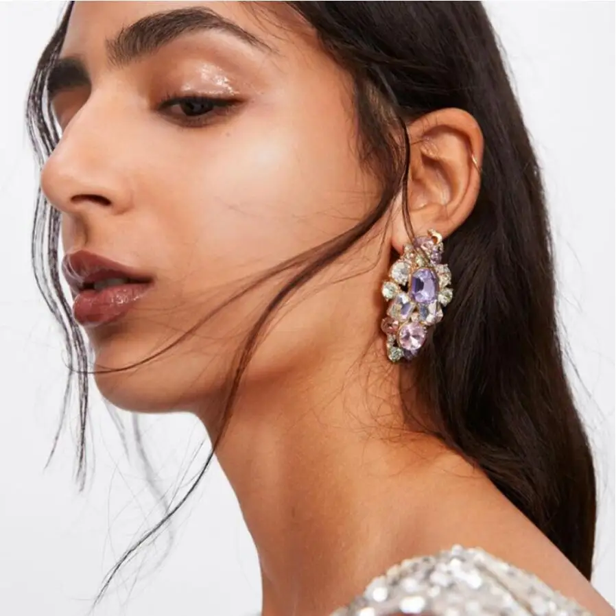 2026 New Mix Pink Purple Crystal Rhinestones Earrings Women Indian Statement Fashion Elegant Earrings Jewelry