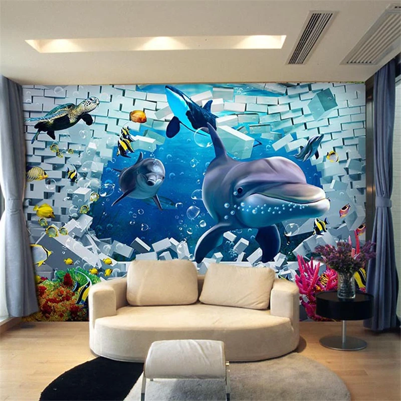 

beibehang 3D stereoscopic underwater world dolphin wallpaper the TV backdrop wallpaper ktv restaurant wall papers home decor