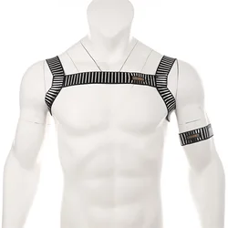 Sexy Lingerie Costume Hommes Évider Harnais Ceinture Corps Poitrine Élastique Muscle Strap Mâle Exotique Performance Clubwear Avec Brassard