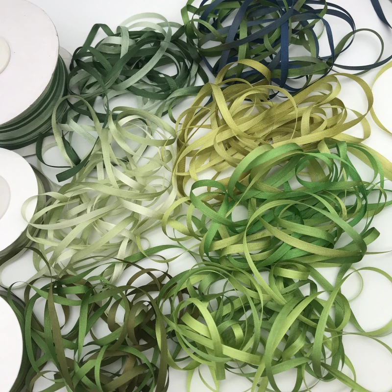 thin taffeta Silk Ribbons for Embroidery, 100% Pure Silk, Green Variegated Color, Handcraft Project, Gift Packing, 4mm