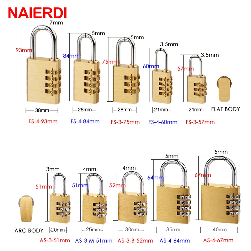 NAIERDI High Security Solid Brass Anti-Drill Lock Digital Combination Password Lock Travel Luggage Code Padlock Suitcase Locks