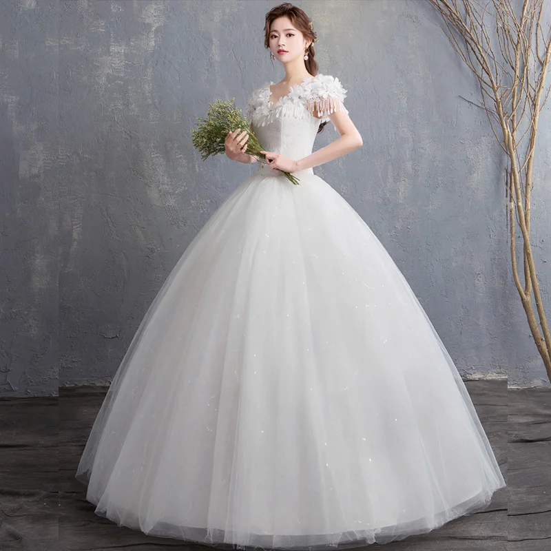 Vestidos De Noiva Simple Elegant Lace Wedding Dress 3D Flowers V-Neck Cap Sleeves Tulle Puffy Ball Gowns Plus Size Bridal Dress