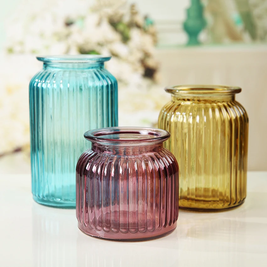 

European Style Stripe Colorful Glass Vase Desk Ornaments Flower Bottle Transparent Hydroponic Containers Home Decoration