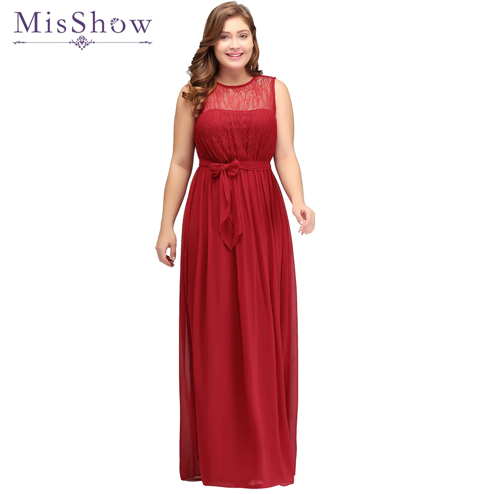 MisShow Red Evening Dresses Plus size Long Robe de Soiree Lace Chiffon Dress Backless Formal Evening Dress Gown With Sashes