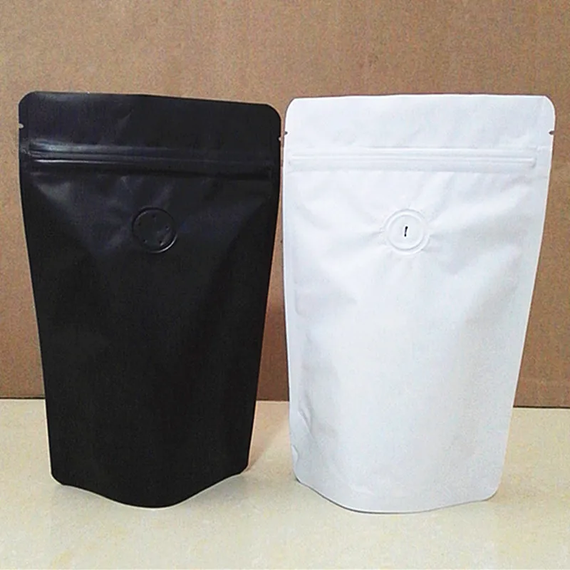 50pcs Matt Black/White Stand up Aluminum Foil Valve Ziplock Bag Coffee Beans Storage Bag One-way Valve Moistureproof Pack Bags