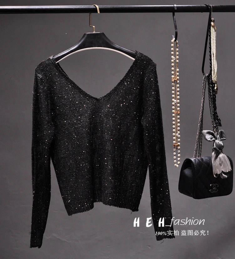 Cakucool New Women Sequined Sweaters Thin Black Long Sleeve V-neck Jumper Backless Sexy Bling Party Knit Pullover Sweater Lady