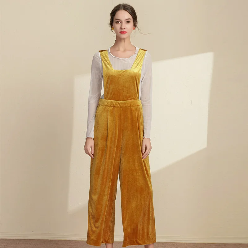 2019 New Womens Casual Vintage Jumpsuits Sleeveless Backless Yellow Loose Overalls Korean Sweet Paysuits Wide Leg Rompers DD1799