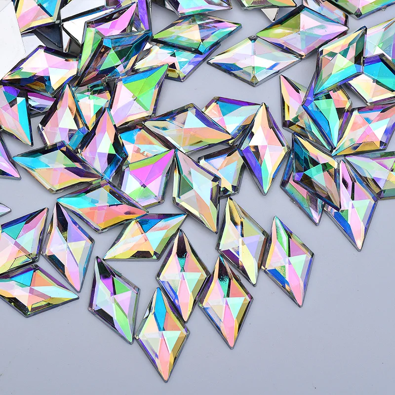 JUNAO 100pcs 11*18mm Rhombus Clear White Rhinestones Gems Flat Back Crystal Applique Non Sewing Acrylic Strass Stone For Clothes