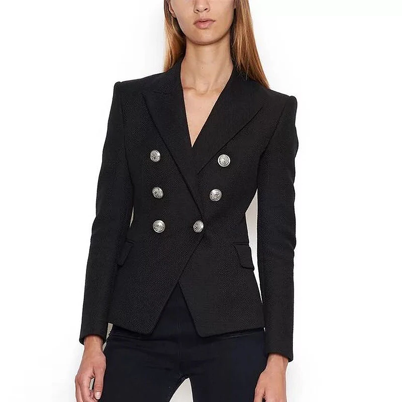 HIGH STREET 2024 Classic Designer Blazer Women\'s Double Breasted Metal Lion Silver Buttons High Street Pique Blazer Jacket