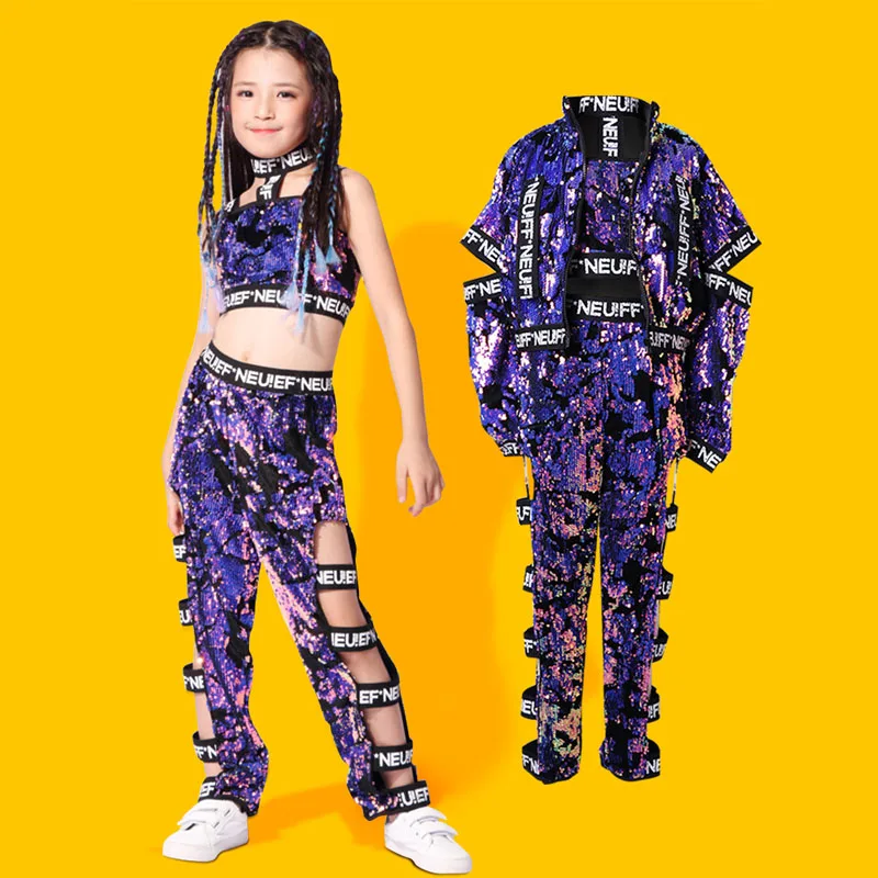 

New Girls Jazz Costumes Modern Street Dance Purple Sequin Clothes Kids HipHop Suit Child Catwalk Show Performance Clothes DQL068