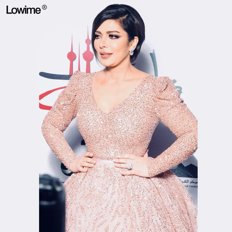 Plus Size Sparkly Muslim Evening Dresses A-Line With Long Sleeves Dubai Turkish V-Neck Evening Gowns Beaded Celebrity Gowns