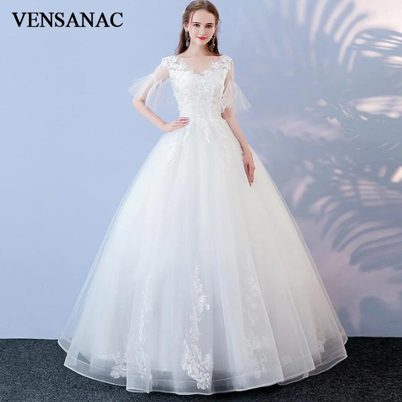 

VENSANAC Lace Appliques V Neck Ball Gown Flare Half Sleeve Wedding Dresses Sequined Tulle Backless Bridal Gowns