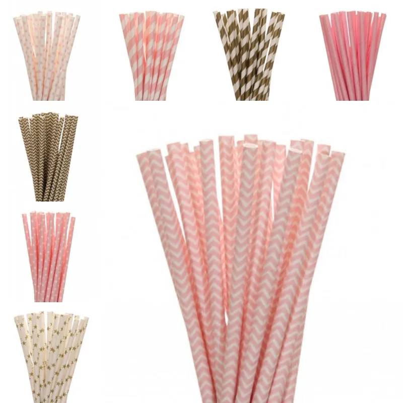 

New 25pcs/lot Gold Pink Paper Straws For Kids Birthday Wedding Decoration Christmas Party Event Supply Creative Drinking Straws