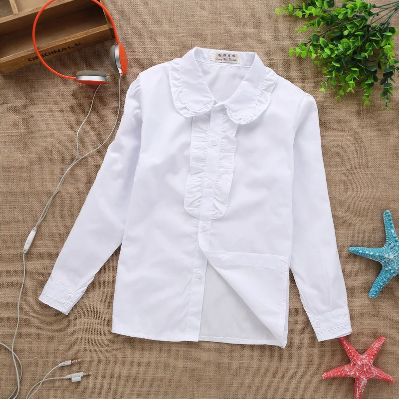 new summer spring girls lace cotton solid White baby kids girls Blouse white shirts with long sleeves for children girls