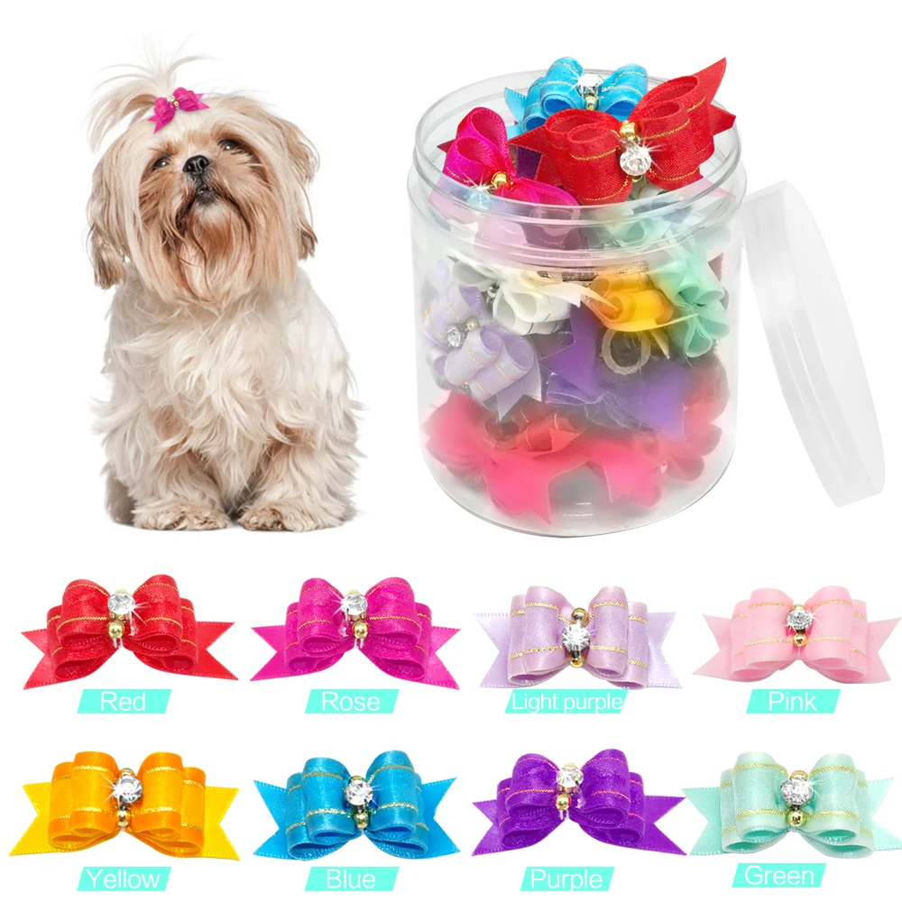 2pcs Dog Hair Bows Dog Accessories with Rubber Bands Rhinestone Attached Cat Dog Grooming Bows Diamond Dog Hair Bows