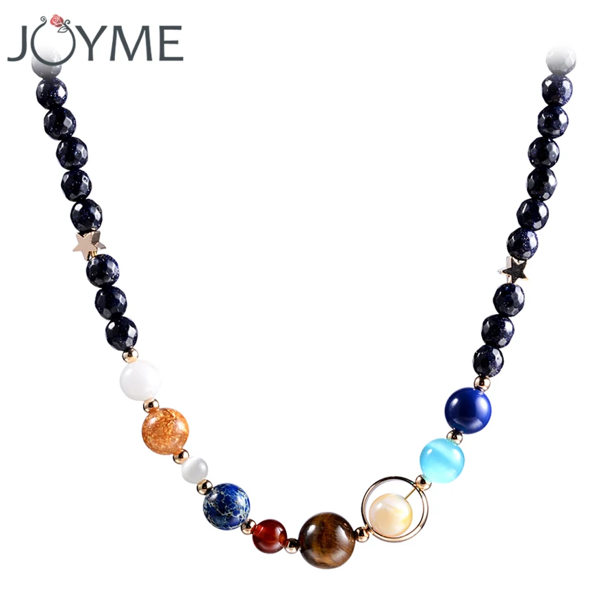 Handmade Universe Galaxy Eight Planets Solar System Necklace for Women with Guardian Stars Stones Beads 45cm drop shipping