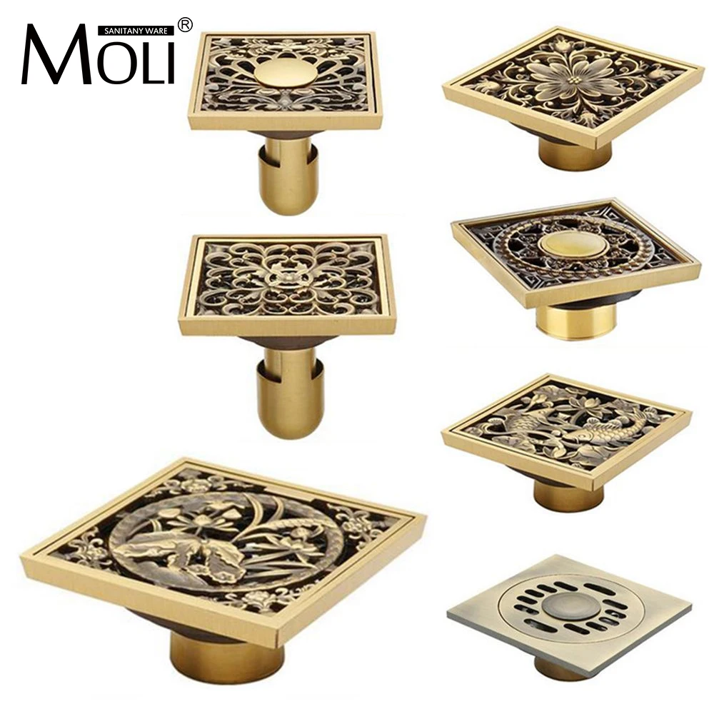 

High quality 10cm*10cm antique brass square vintage art carved floor drain cover shower waste drainer bathroom accessories ML212