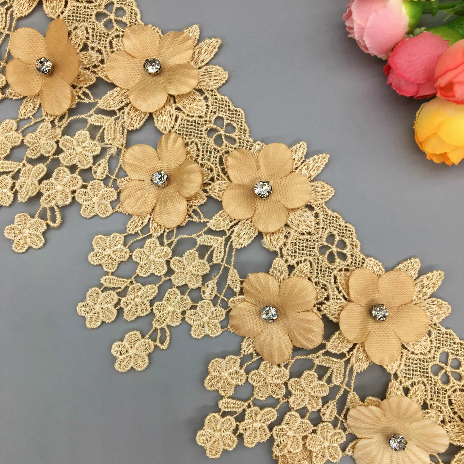 

1 Yard Gold 9cm Pearl 3D Flower Tassel Lace Trim Ribbon Fabric Embroidered Applique Sewing Craft Wedding Dress Clothes