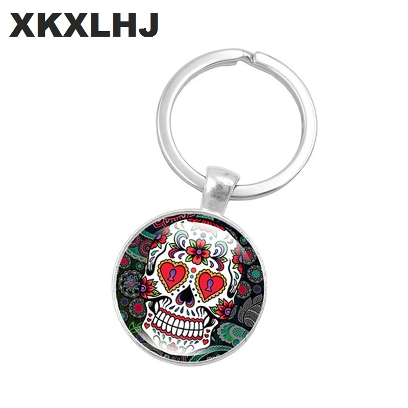 heat! Skull Keychain Mexican Folk Art Skull Picture Glass Dome Keychain Glass Convex Keychain Fashion Jewelry Women's Day Gift