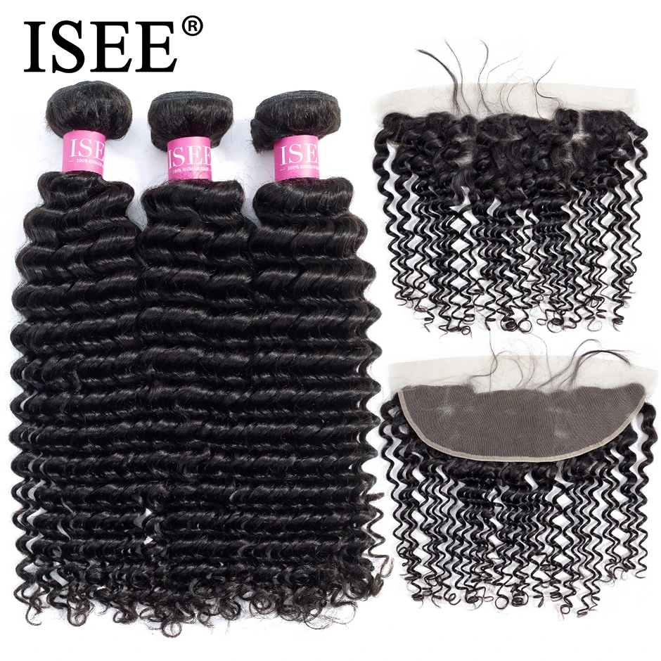 

ISEE HAIR Deep Wave Bundles With Frontal Remy Human Hair Bundles With Frontal 13*4 Pre Plucked Brazilian Hair Weave Bundles