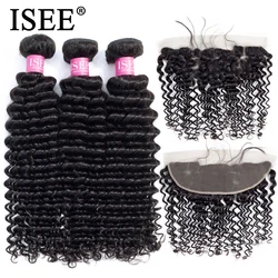 ISEE HAIR Deep Wave Bundles With Frontal Remy Human Hair Bundles With Frontal 13*4 Pre Plucked Brazilian Hair Weave Bundles