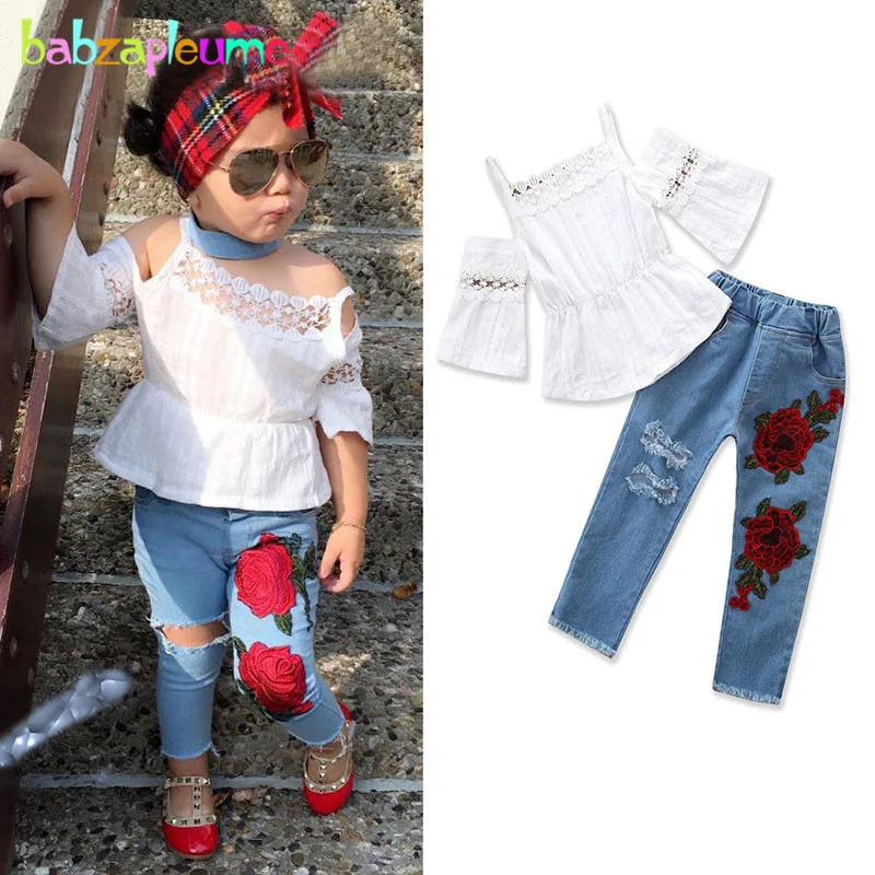 Ensemble de vêtements d\'été pour enfants, tenues de boutique pour tout-petits, jean à trous de fleurs, vêtements pour enfants, mode bébé blanc, Y-+,