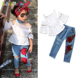 Conjunto de 2 peças de verão para meninas, roupas boutique de criança, tops brancos de bebê, jeans flower hole, roupas infantis, BC1731