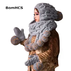 BomHCS Super Big Grey Scarf Hat & Gloves (2PCS SUIT) Cute Women Winter Warm Beanie 100% Handmade Knit Caps Mittens Gift