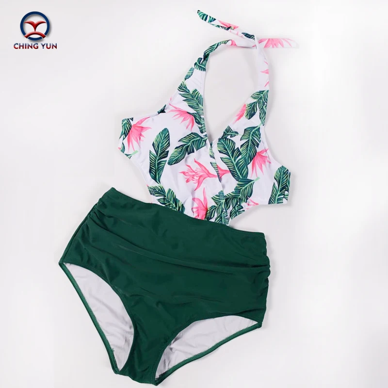 2019 Palm Tree Push up Bikini Set Women Helter Ruffle Swimwear Sexy Off Shoulder High Waist Swimsuit Women Beach Bathing Suit