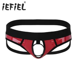 iEFiEL Sexy Faux Leather Men Lingerie Open Back and Hollow Out Jockstrap Low Rise Bikini G-string Underwear with Metal O-Ring